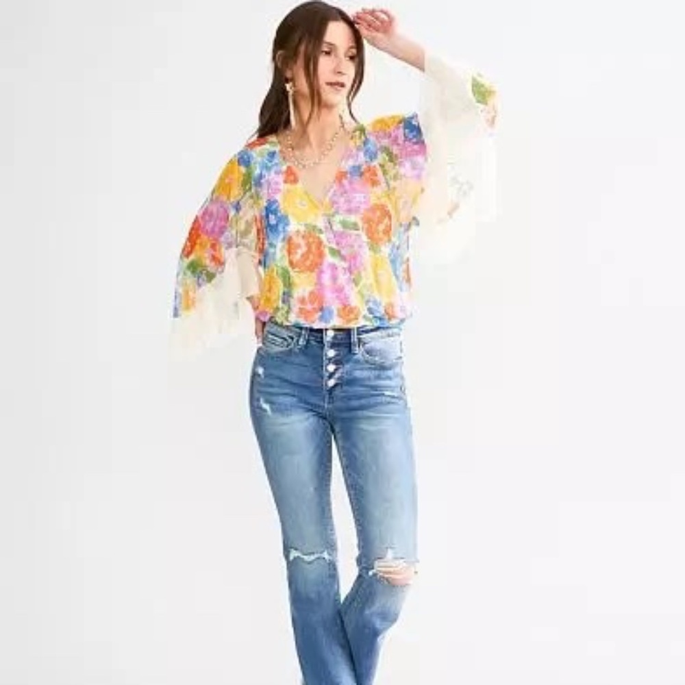 Willow- Root Floral Surplice Mesh Top, Sz Small